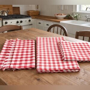 5 Pc Vintage Gingham Tablecloth | Dish Towel Lot. Cotton | BBQ Picnic | Chenille